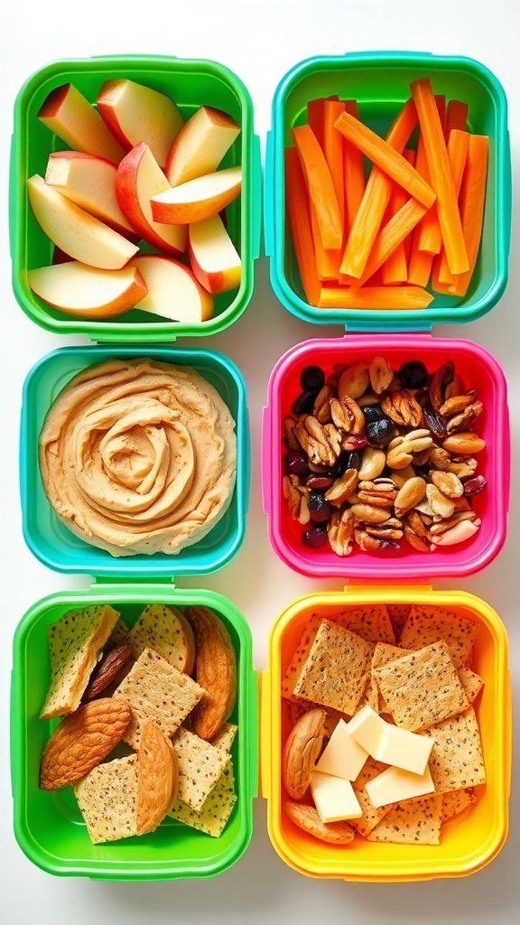 Four healthy snack containers with fruits, vegetables, nuts, and crackers on a kitchen table.